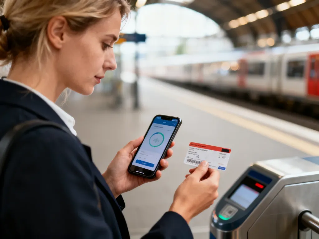 Kobieta sprawdza bilet w telefonie na tle peronu kolejowego, przygotowując się do procesu zwrotu.