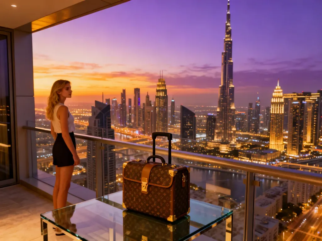 Kobieta podziwiająca panoramę Dubaju z balkonu luksusowego apartamentu o zachodzie słońca.