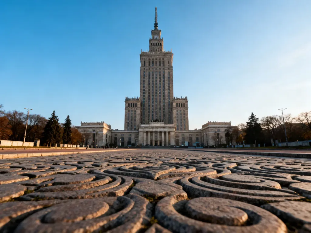 Pałac Kultury i Nauki w Warszawie w porannym świetle, widoczny w pełnej okazałości na tle bezchmurnego nieba.