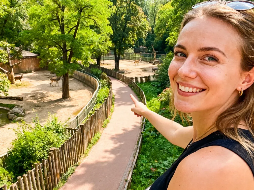 Uśmiechnięta kobieta wskazuje wybieg dla zwierząt na terenie krakowskiego ogrodu zoologicznego.