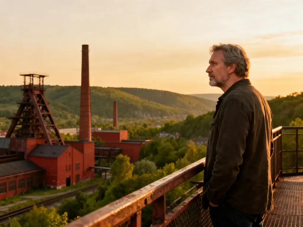 Mężczyzna podziwia panoramę śląskiego krajobrazu z historycznej platformy widokowej na tle ceglanych szybów kopalnianych.