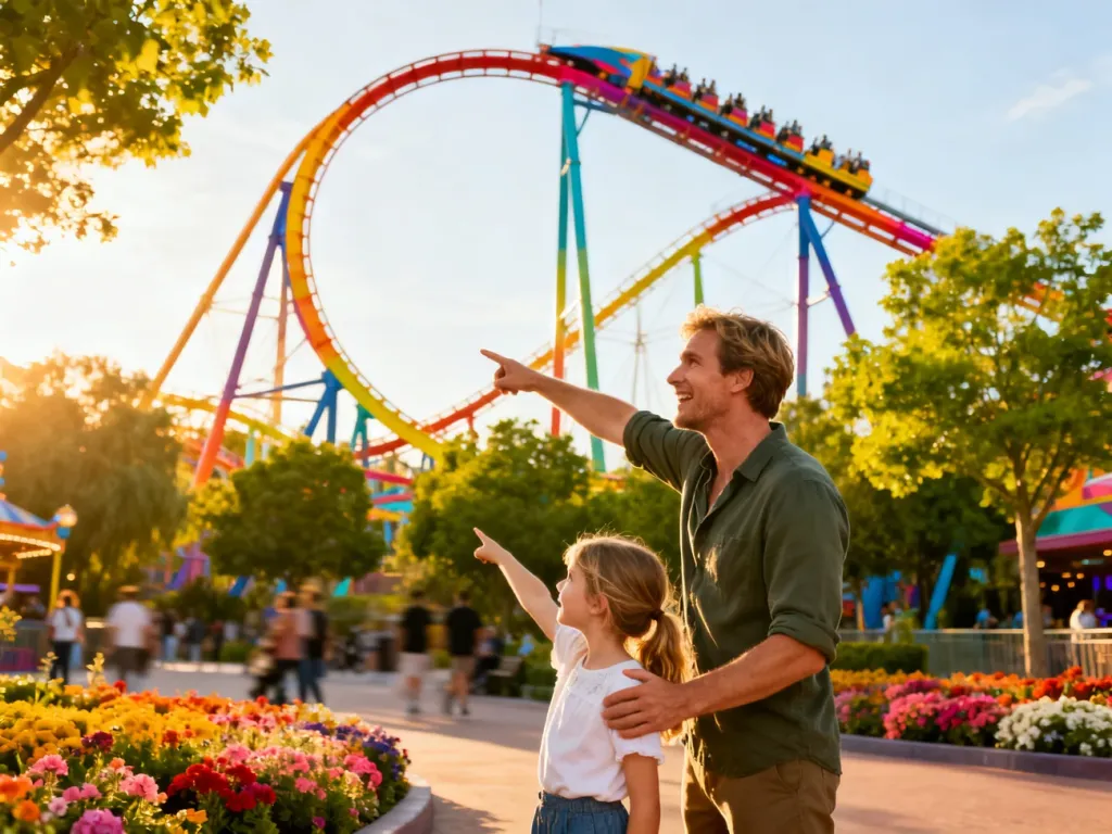 Szczęśliwa rodzina wskazuje na kolorowy rollercoaster w nowoczesnym parku rozrywki podczas złotej godziny.