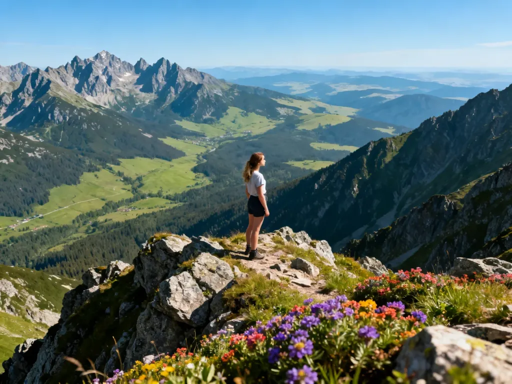 Turystka podziwiająca słowackie Tatry ze szczytu góry w otoczeniu skalistego terenu i alpejskich kwiatów.