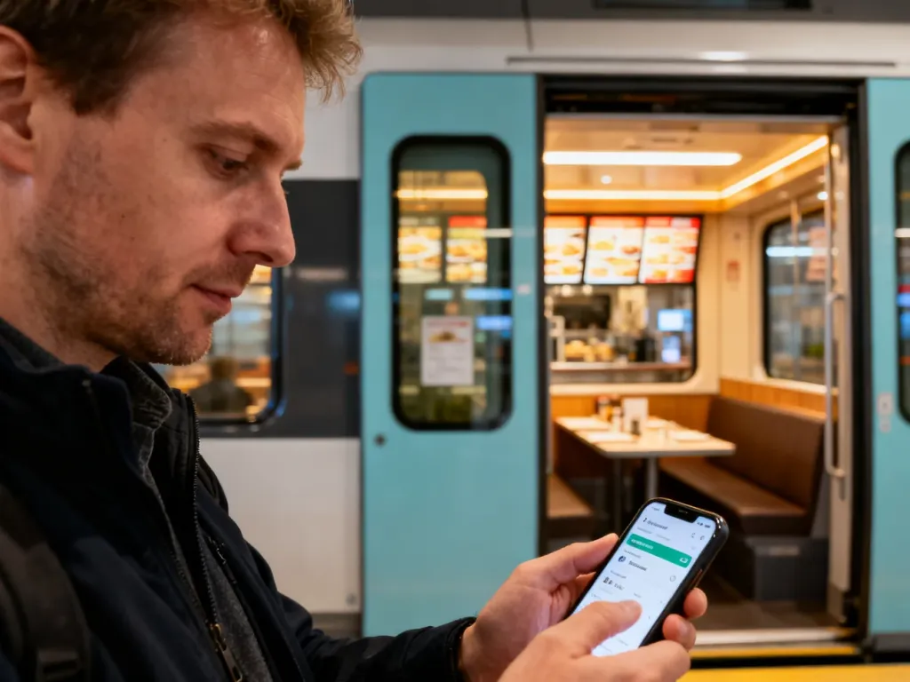 Pasażer sprawdza w telefonie dostępność wagonu restauracyjnego Wars w nowoczesnym pociągu.