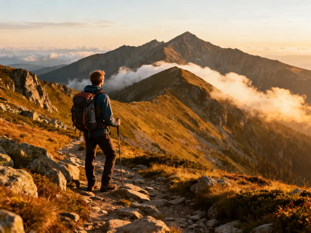 Turysta w stroju trekkingowym podziwia panoramę Karkonoszy podczas złotej godziny. Widok na majestatyczne szczyty górskie.